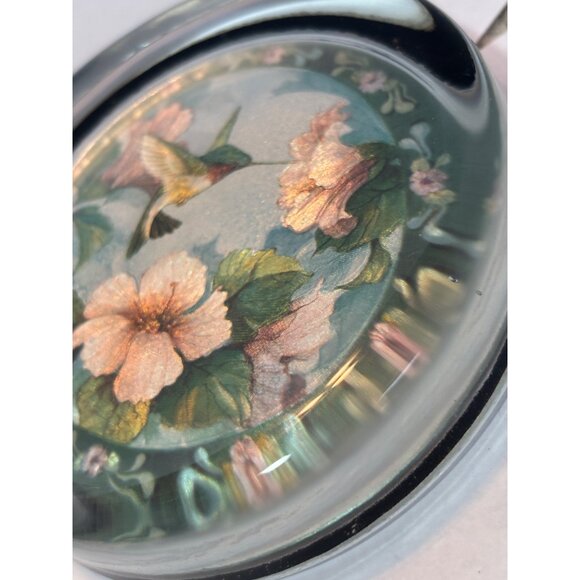 Glass Paperweight With Hummingbird & Floral Design - Round With Black Felt Base - Picture 4 of 6